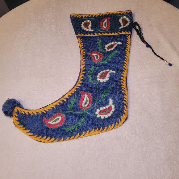 Vintage Hand Embroidered Double Sided Blue Christmas Stocking Holiday Decor - Picture 6 of 6